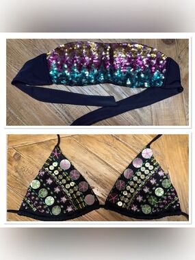 Victoria's Secret M Sequin and Beaded Bikini Top Lot/2 Tops (Bandeau & Triangle)